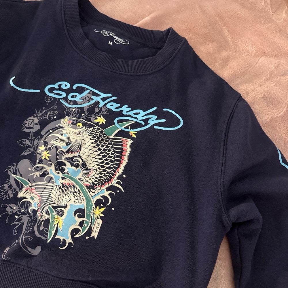 Ed Hardy Navy Sweatshirt with Turquoise Koi Graphic